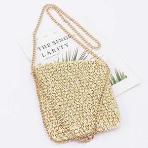 Gold Metallic Cotton Crochet Crossbody  Bag with Gold Chain Detail and Strap